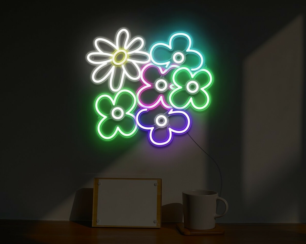 A stunning neon sign of a bouquet of flowers in multi colors for your office or drawing room