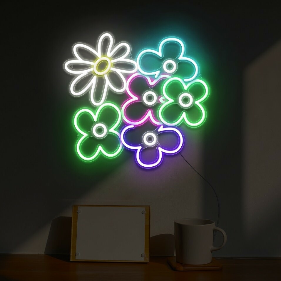 A stunning neon sign of a bouquet of flowers in multi colors for your office or drawing room