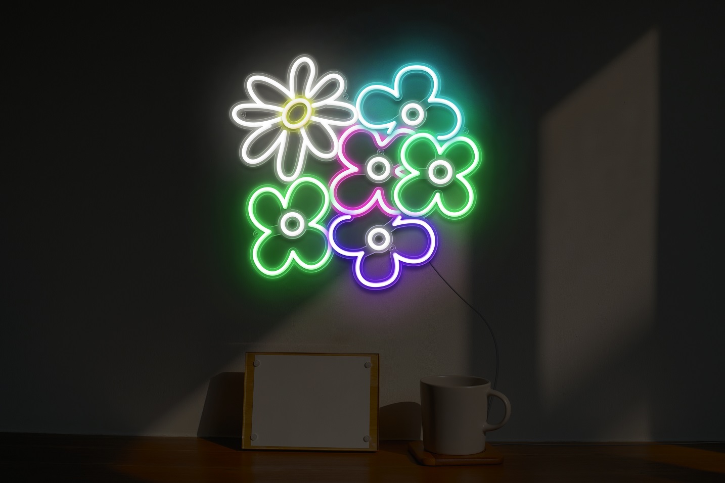 A stunning neon sign of a bouquet of flowers in multi colors for your office or drawing room