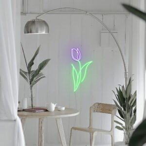 Vibrant purple and green tulip custom neon light