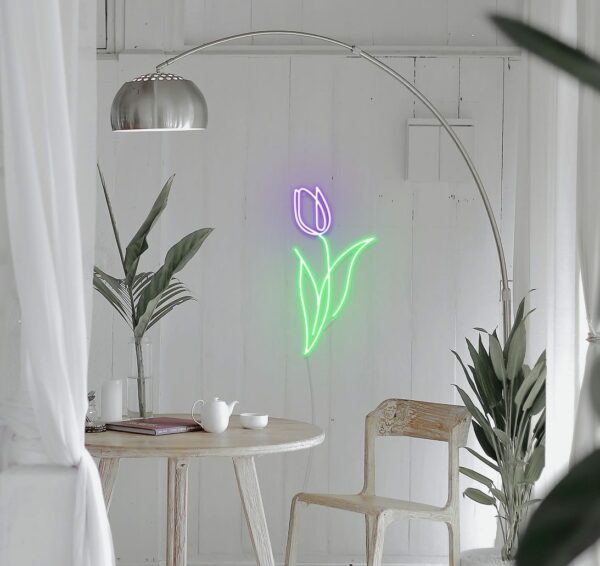 Vibrant purple and green tulip custom neon light