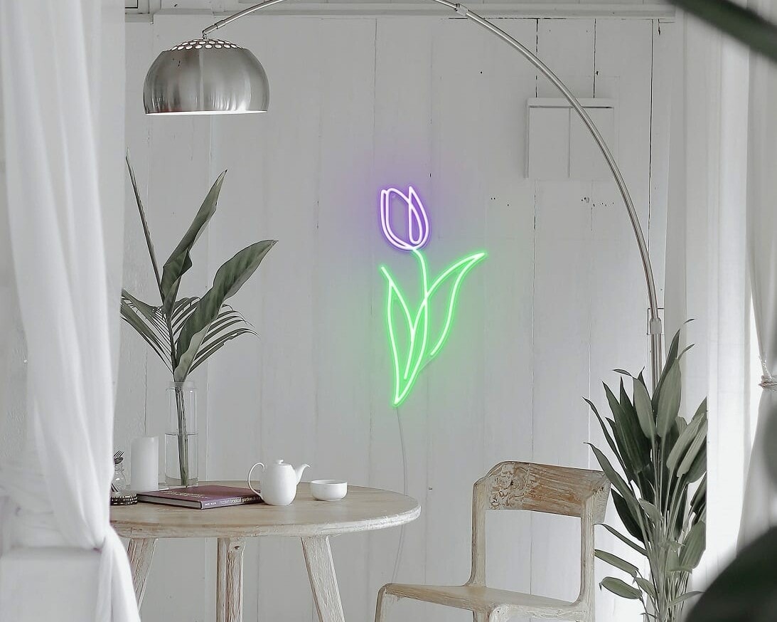 Vibrant purple and green tulip custom neon light