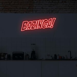 A vibrant neon light of 'Bazinga' on a wall