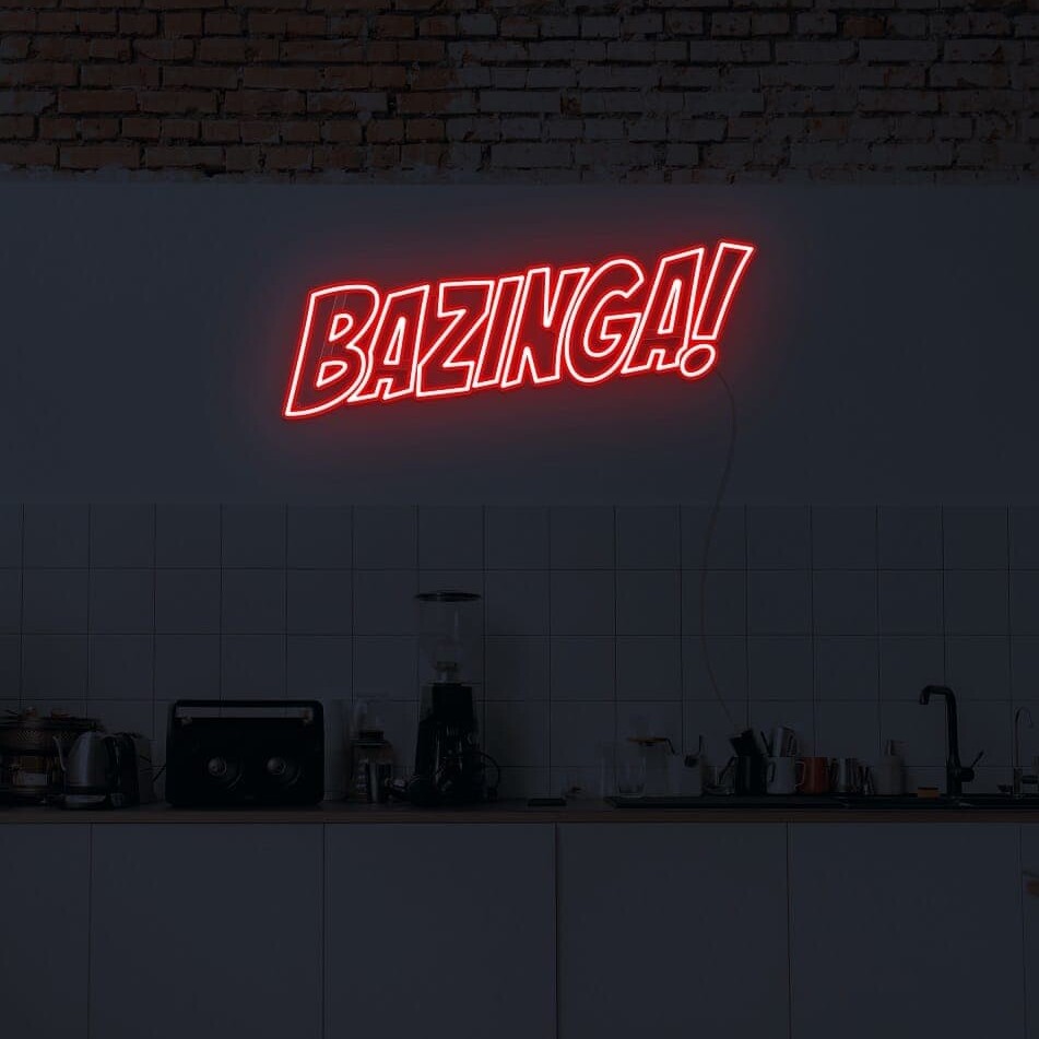 A vibrant neon light of 'Bazinga' on a wall