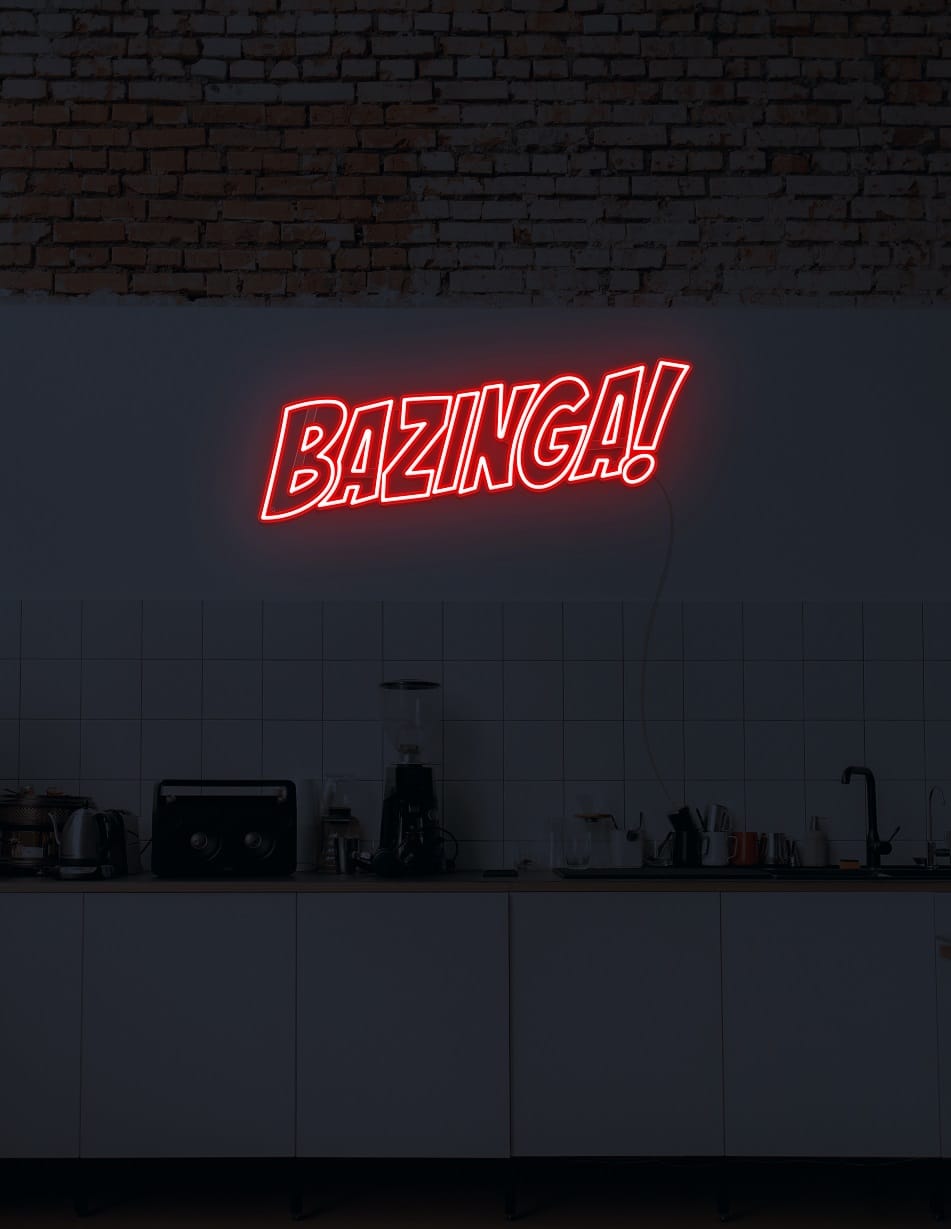 A vibrant neon light of 'Bazinga' on a wall