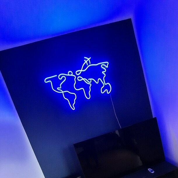 blue custom neon lights wall art world map