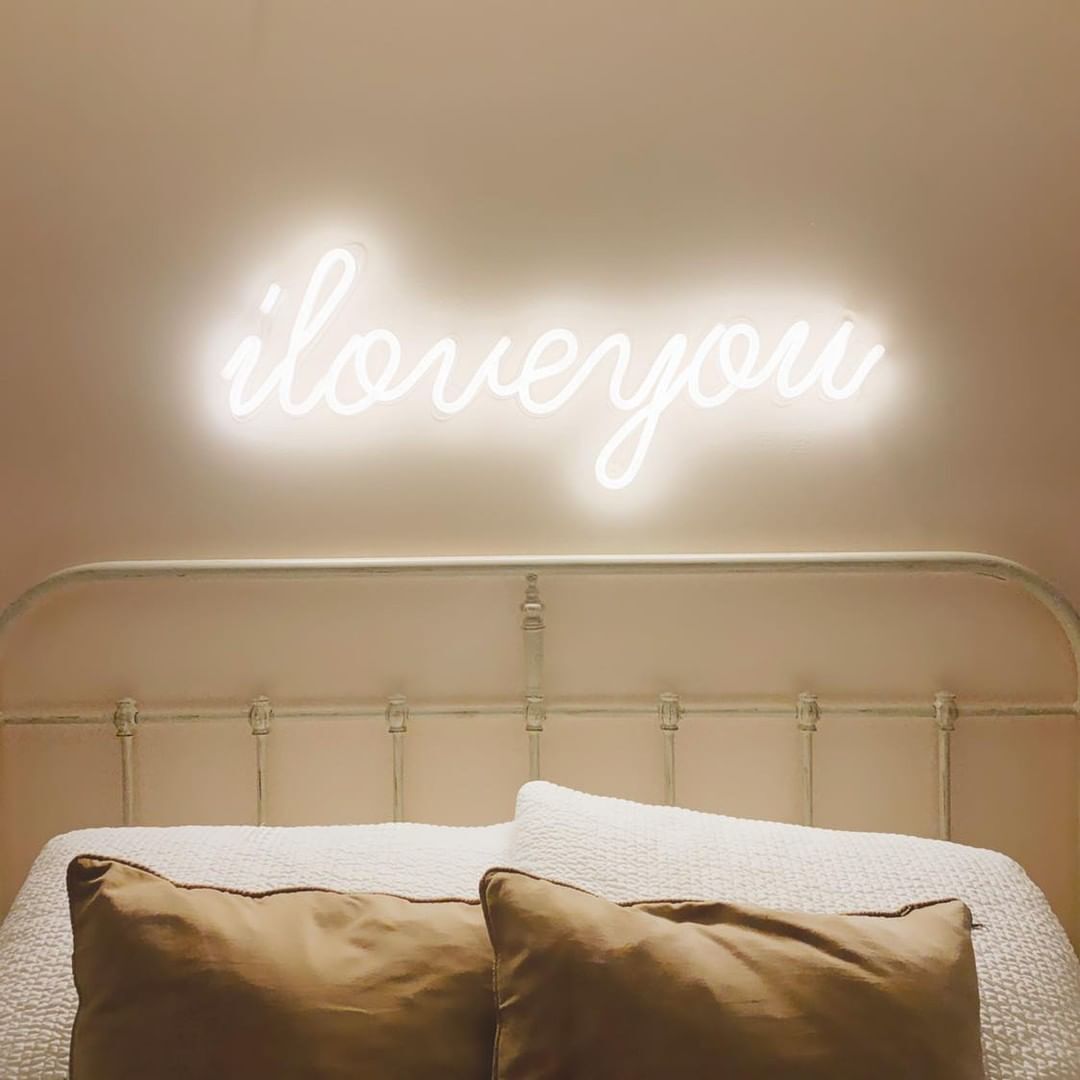 custom neon sign above bed, bedroom neon lights