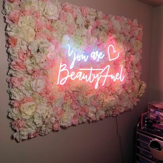 flower wall neon signs, pink custom neon sign on grass wall