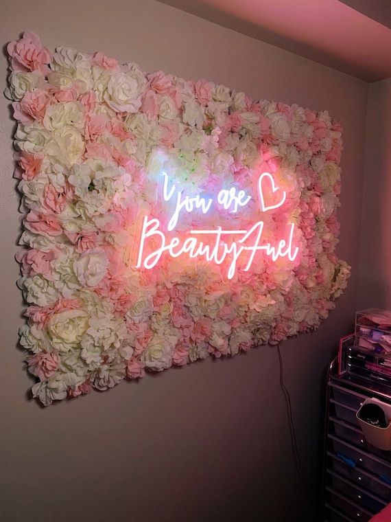 flower wall neon signs, pink custom neon sign on grass wall