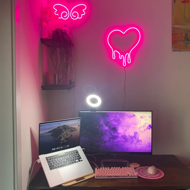 heart and angel wings pink neon lights wall art