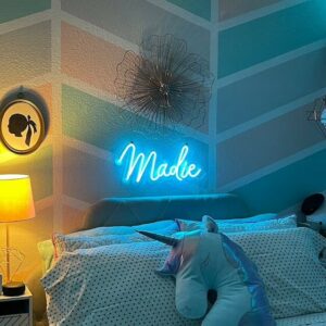 ice blue neon sign over bed, custom bedroom neon sign