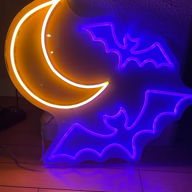 yellow moon and blue bat halloween led signs