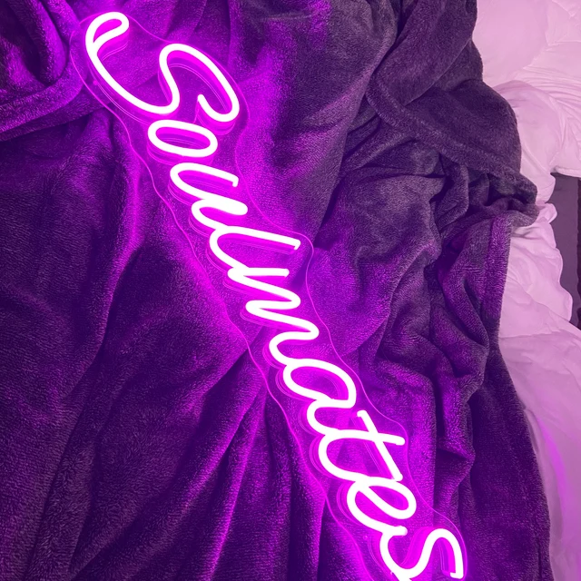 purple neon light, soulmates neon sign