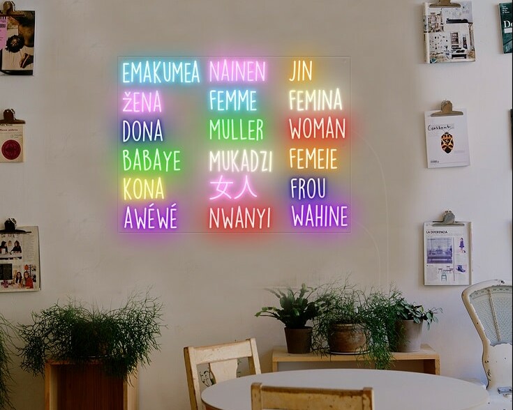 women in different words neon light, custom neon sign for women
