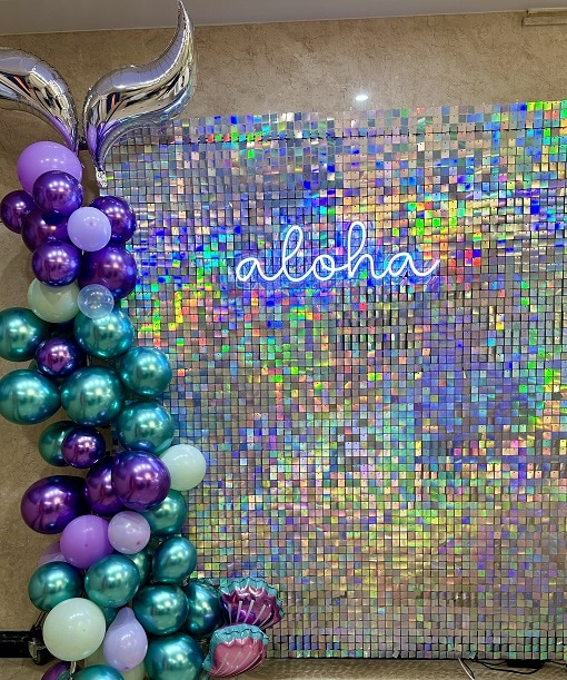 shimmer wall rainbow effect backdrop, disco ball decor backdrop