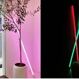 neon tube lamps in pink, red and green colors