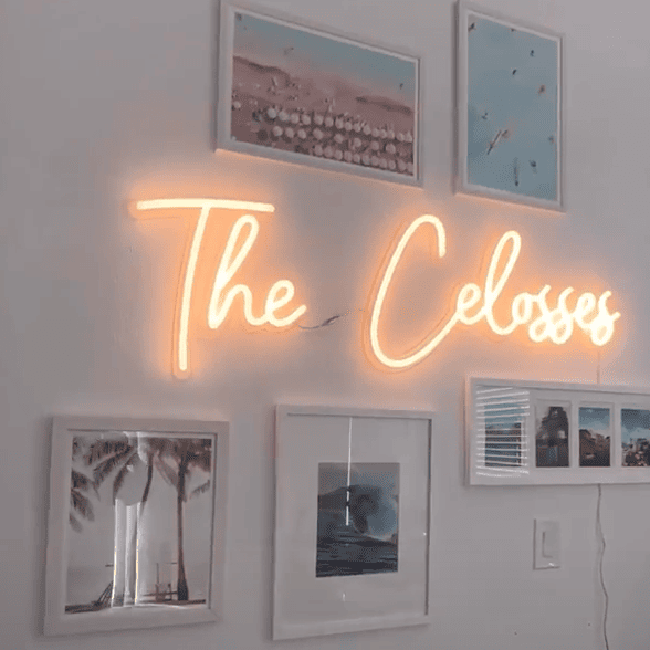 photo wall with custom neon sign home decor