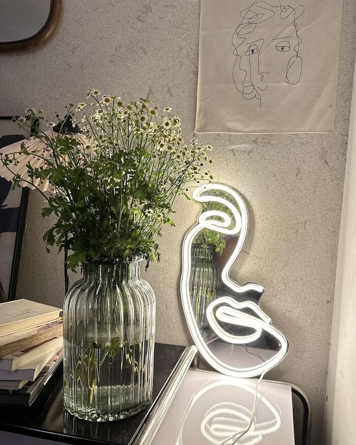 Aesthetic face white neon light sign with mirror backing
