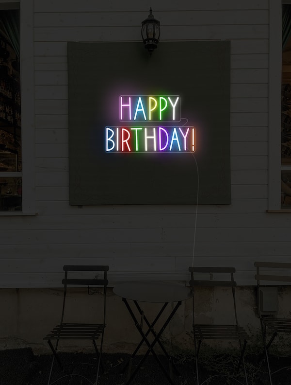 Birthday Decorations - Black, Silver & Golden - LED Neon Happy