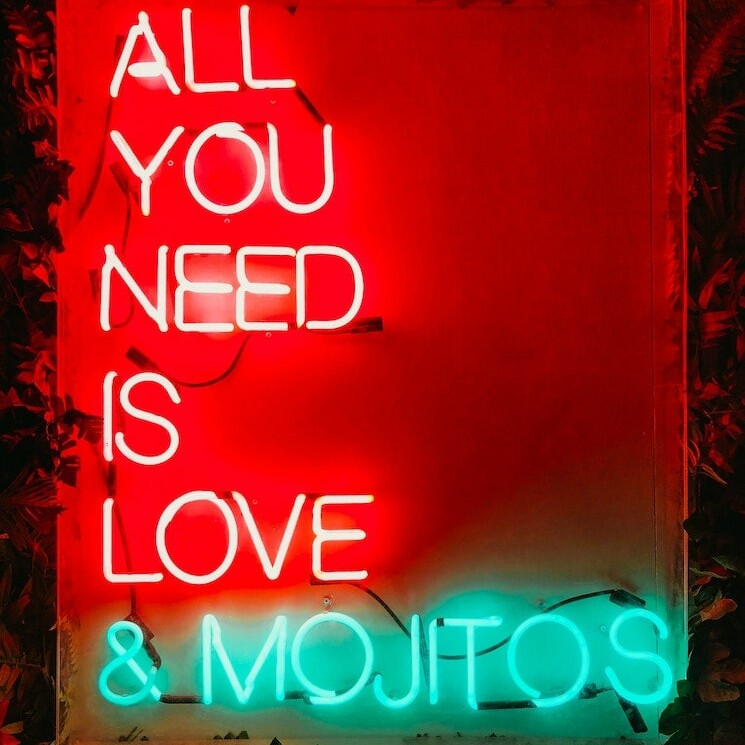 all you need is love & mojitos, red and ice blue custom glass neon sign