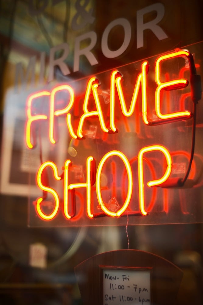 frame shop red business glass neon sign
