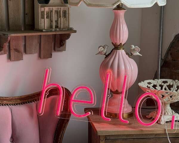 hello. pink neon sign room decor