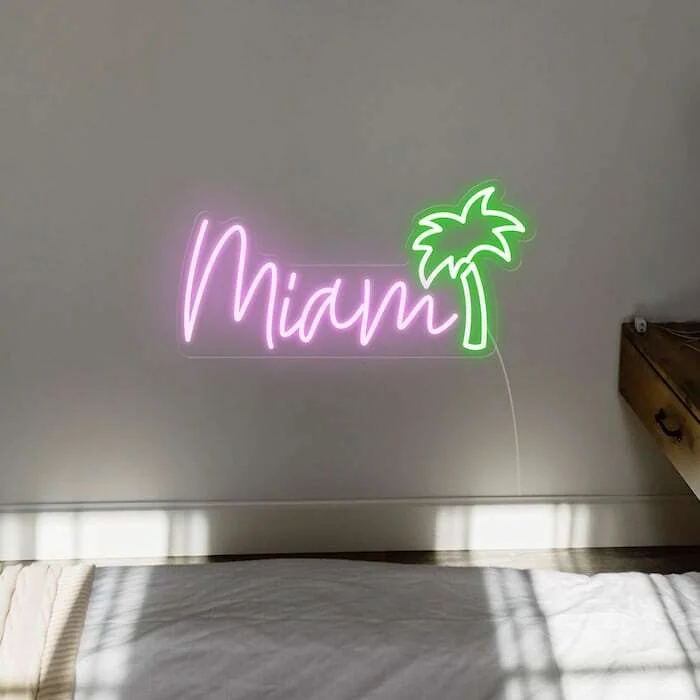 Miami palm tree tropical summer vibes neon sign