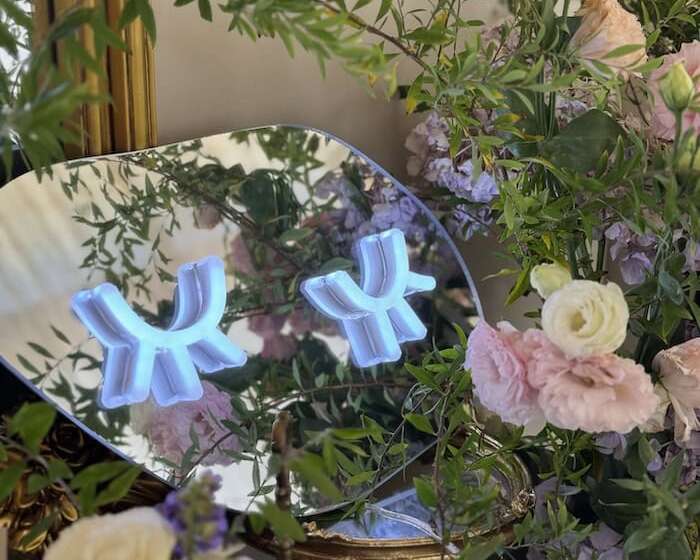 eye lash white neon with mirror backing in flowers