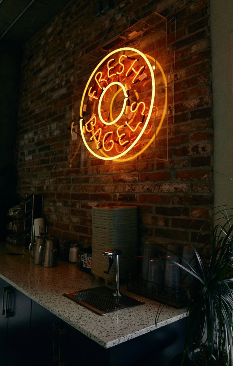 food orange fresh bagels kitchen glass neon sign