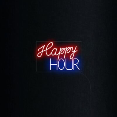 happy hour red and blue neon sign