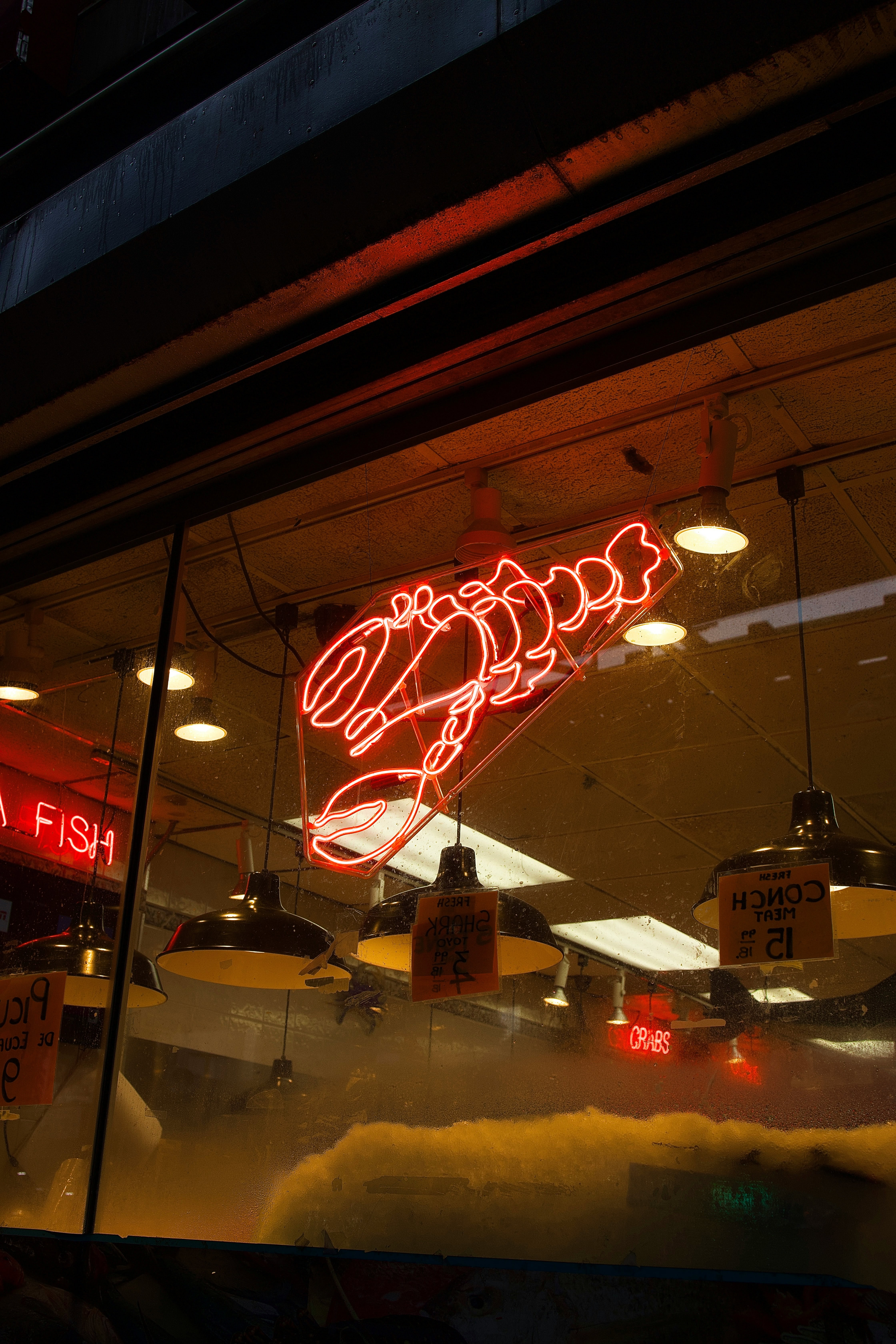red kitchen sea food lobster neon sign