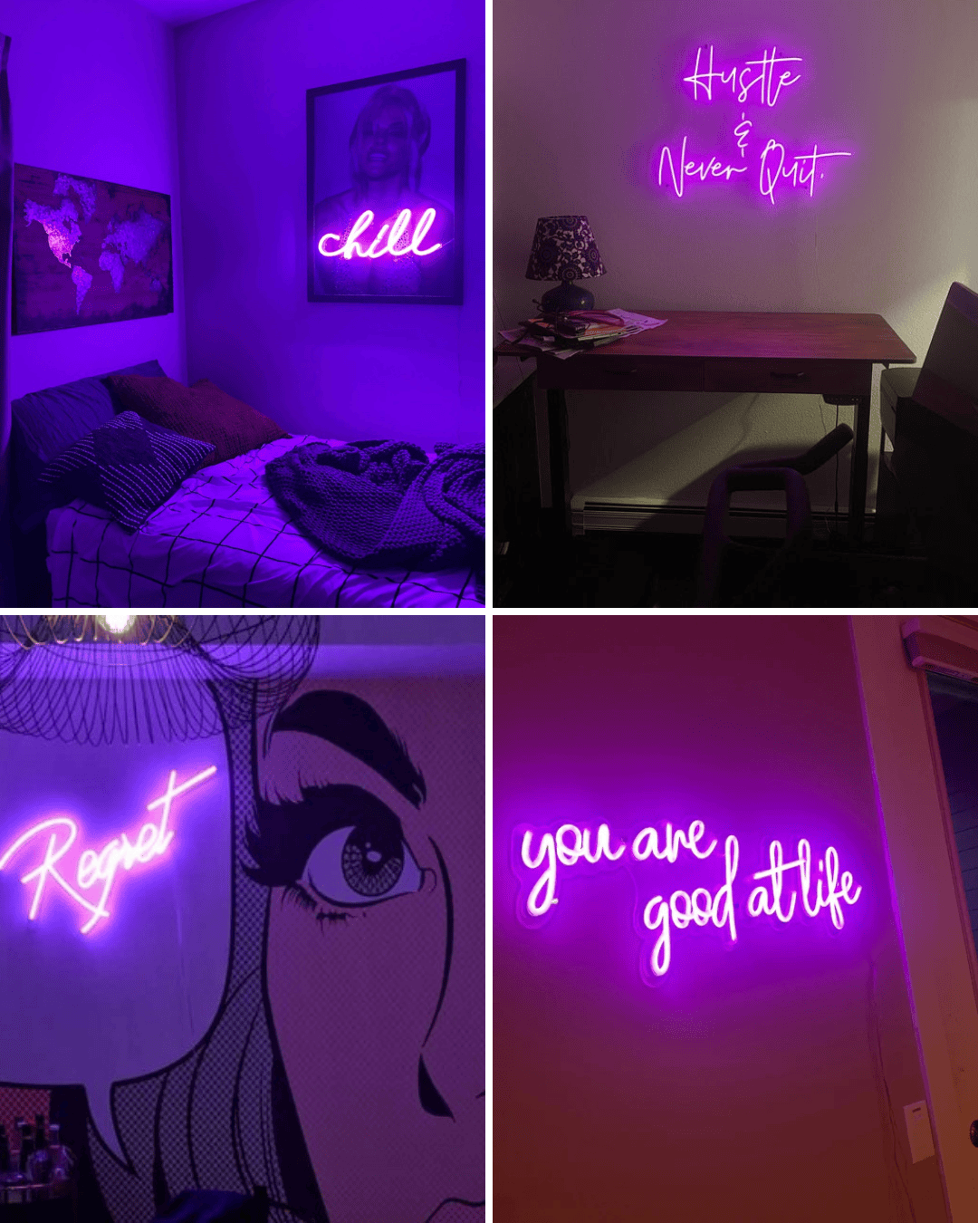 purple bedroom neon signs in dark environment