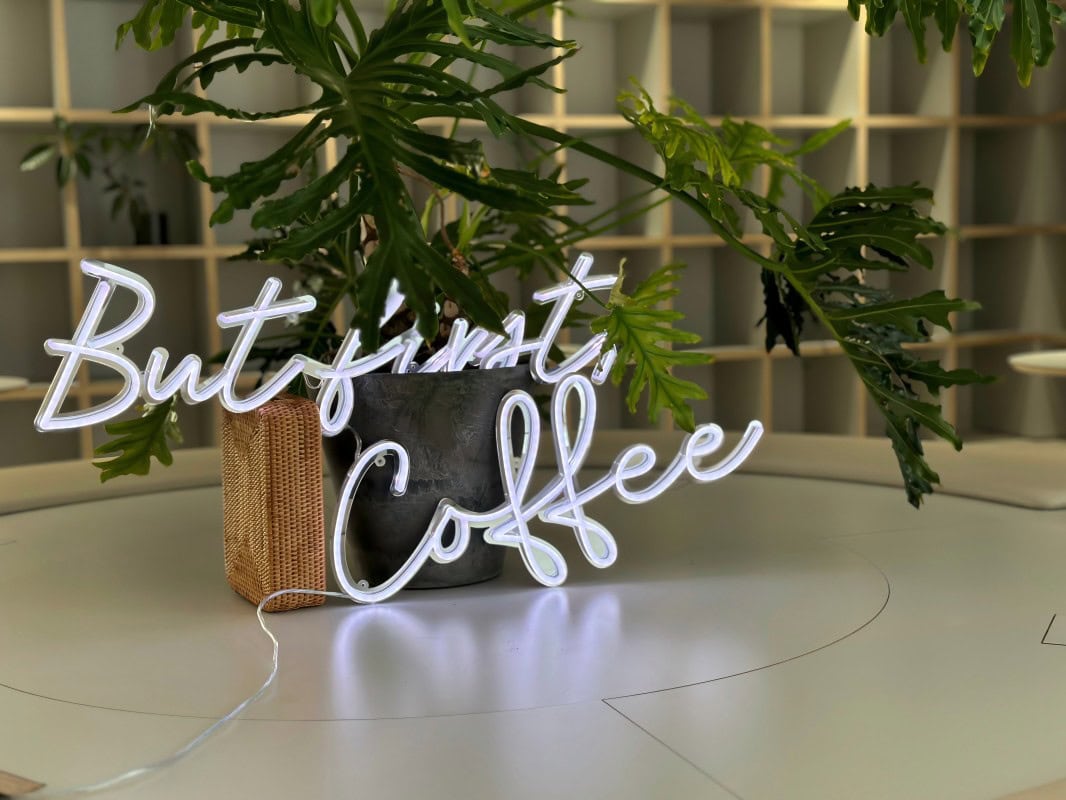 white but first coffee drink kitchen neon sign
