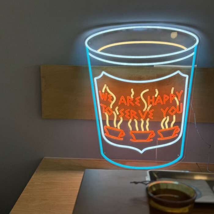 We Are Happy To Serve You paper coffee cup neon sign