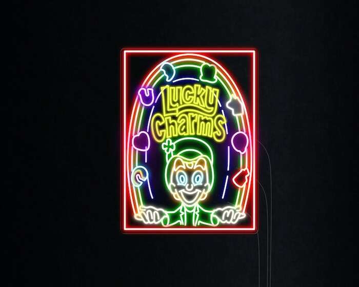 Lucky Charms cereal neon sign colorful neon rainbow color