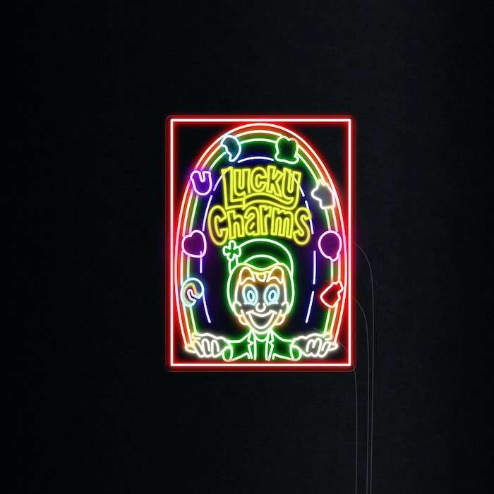 Lucky Charms cereal neon sign colorful neon rainbow color