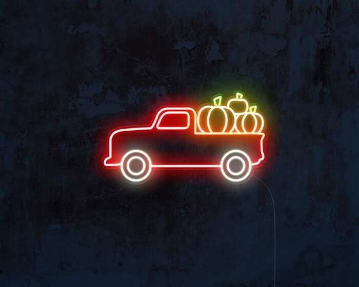 Red truck with pumpkin harvest neon sign season decor