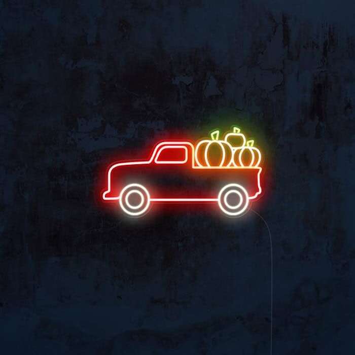 Red truck with pumpkin harvest neon sign season decor