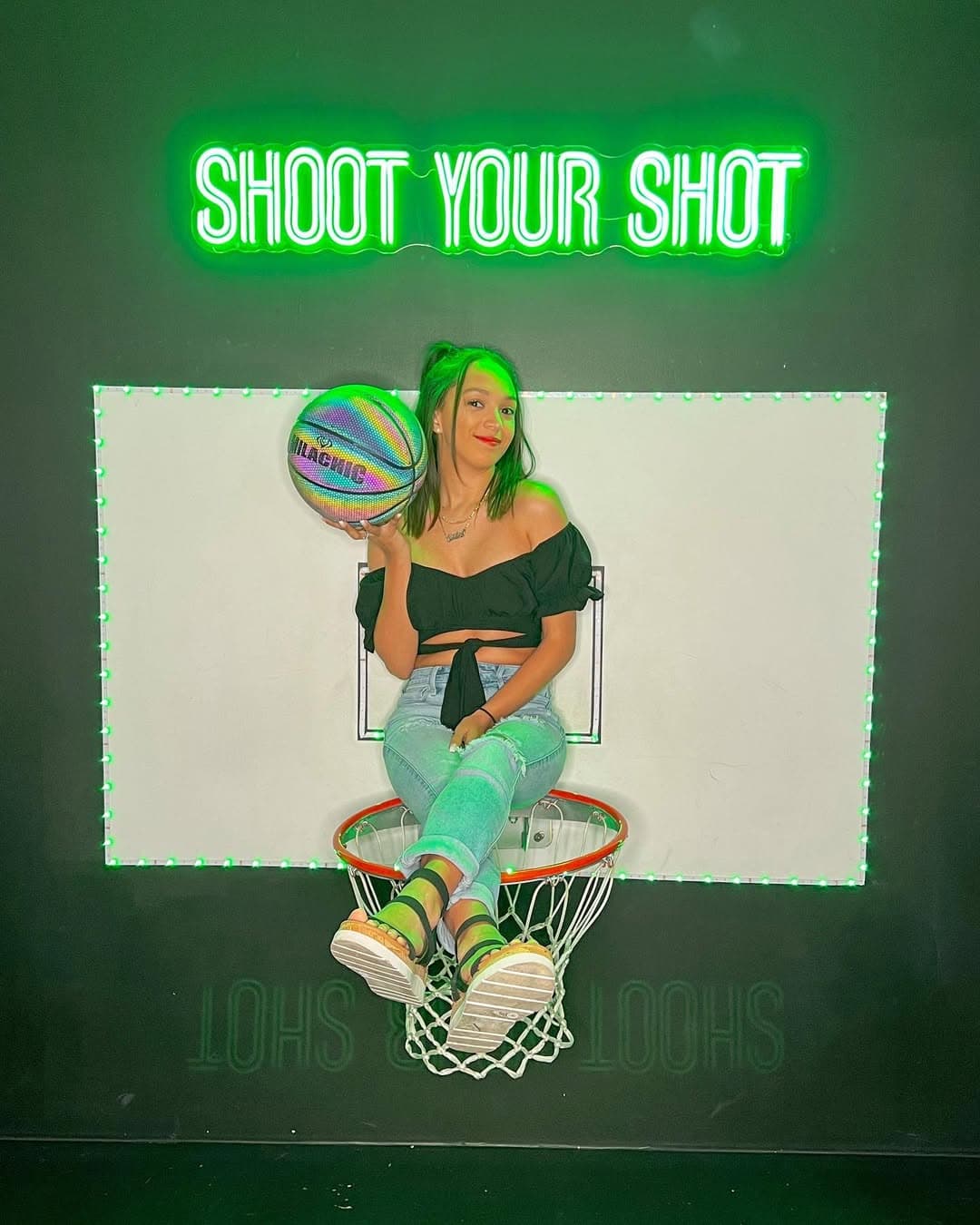 Selfie World green led neon sign for photo shoot