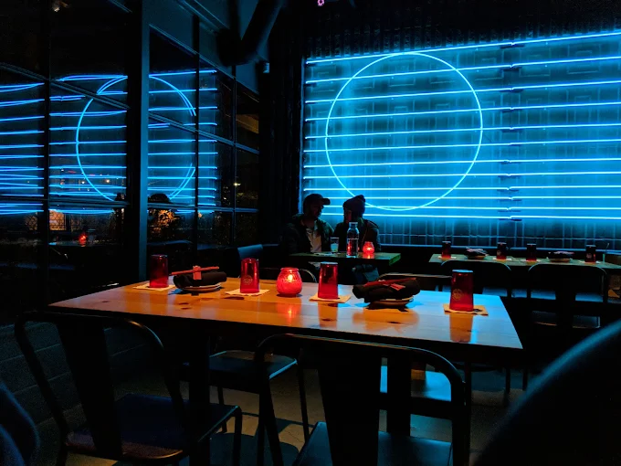 little trouble blue color glass neon wall