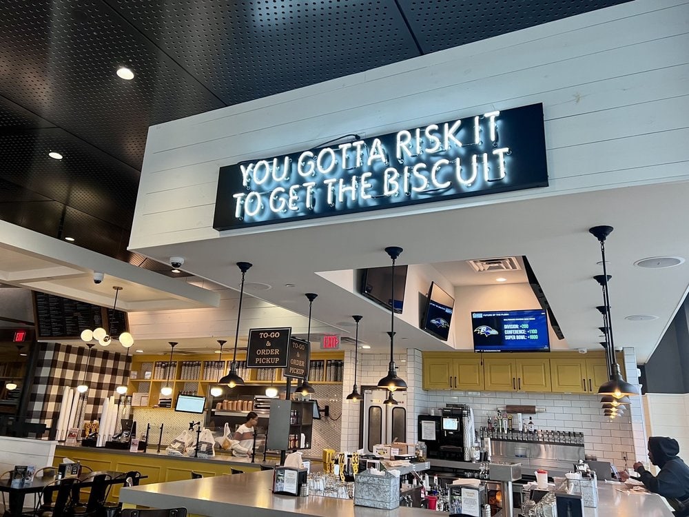 The Biscuit Bar Dallas vintage neon sign in white color with black backing