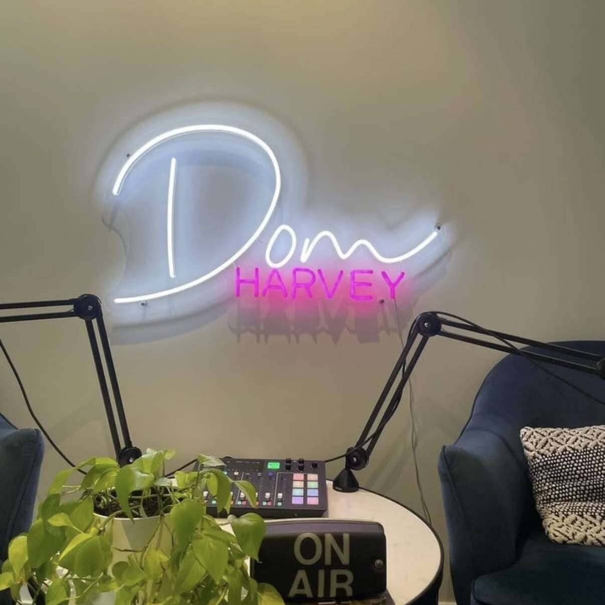 small custom neon sign for podcast studio