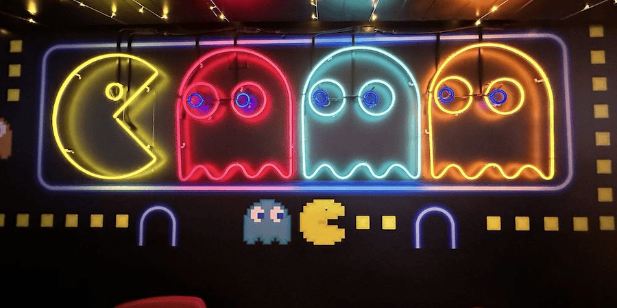 Pac-Man Chase at The Delorean room decor neon sign