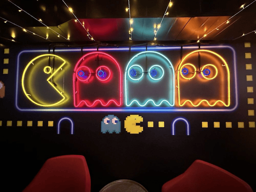Pac-Man Chase at The Delorean room decor neon sign