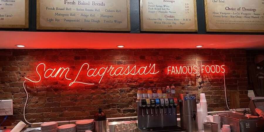 Sam LaGrassa's sandwich and bakery restaurant neon sign in Boston