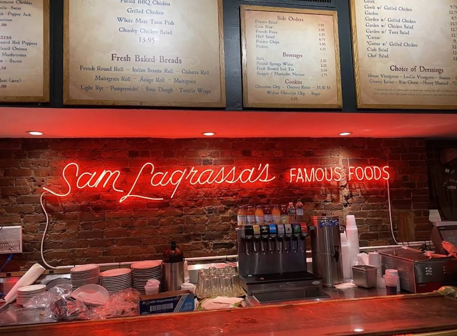 Sam LaGrassa's sandwich and bakery restaurant neon sign in Boston