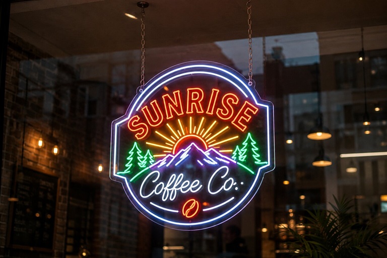 custom neon sign hanging with chain