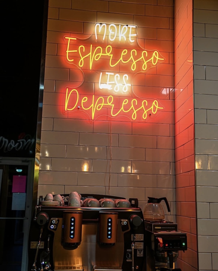 more espresso less depresso cafe neon sign in detroit