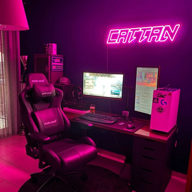 pink custom neon sign for game room decor setip