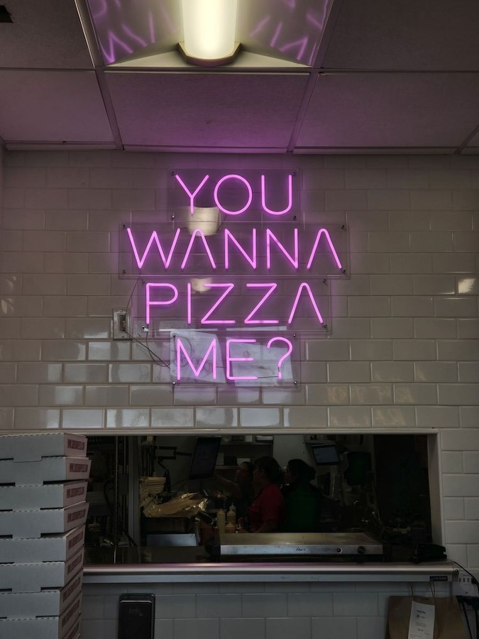 you wanna pizza me restaurant neon sign in Washington in Side Door Pizza